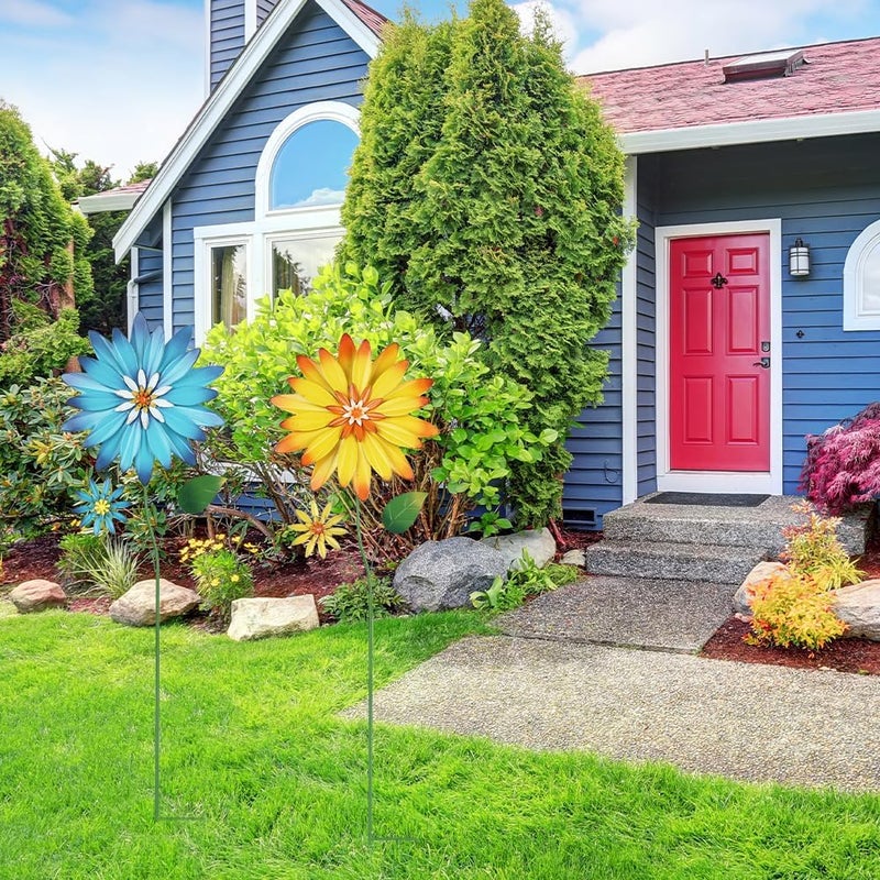 YEAHOME Garden Decor for Outside, 35.4“ Set of 2 Metal Flowers Decorative Garden Stakes for Spring Decor, Yard Art Flower Stakes for Outdoor Lawn Backyard Porch Garden Decorations (Yellow, Blue) - Image 3